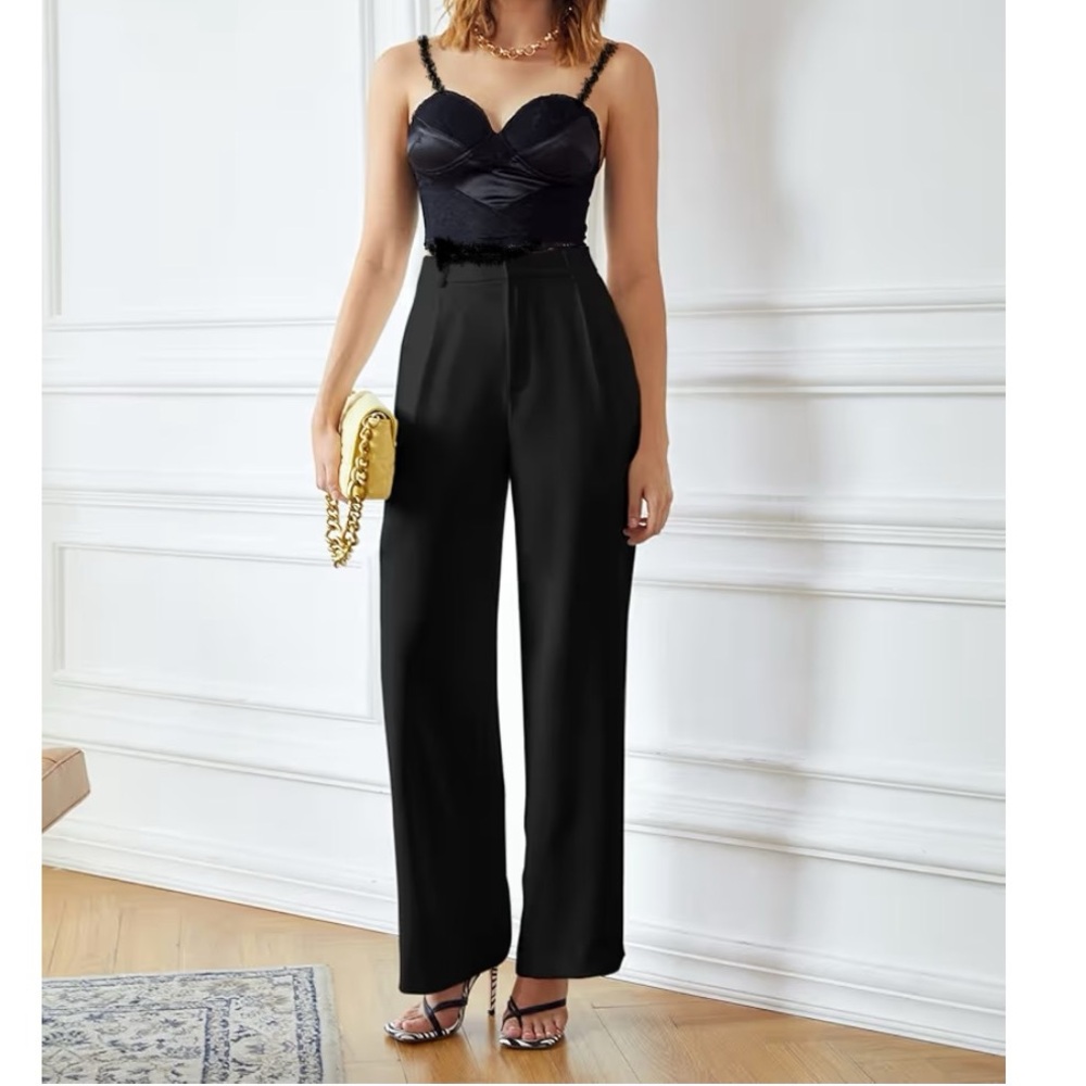 NWOT 2 piece satin Black High-Waist Trousers and strappy top size M
